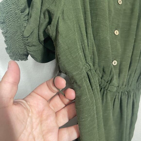 By Anthropologie Medium Nicole Linen Puff Sleeve Shift Dress Green Button Up - Picture 6 of 13